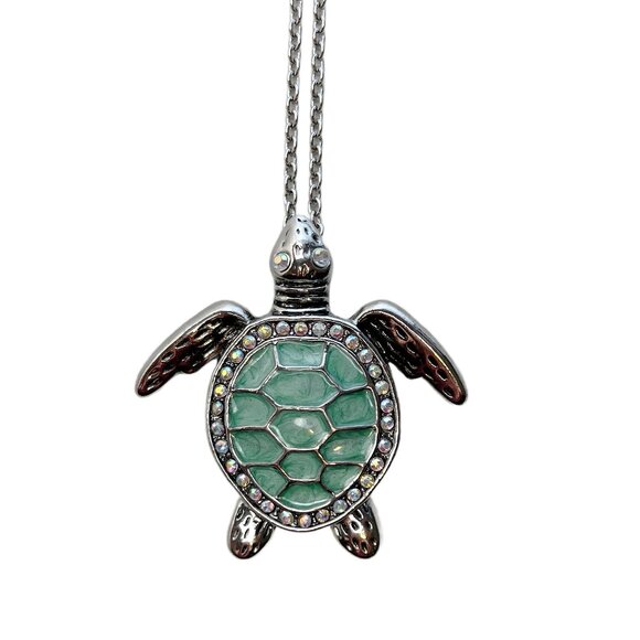 Sea Turtle Necklace Aqua Enamel AB Crystal Rhinestones Shiny Silver Tone - Picture 1 of 10